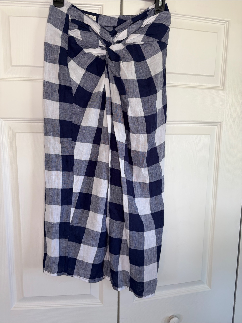 Oysho 100% Linen Navy White Checks Gingham Twist Front Midi Skirt Front Slit XS